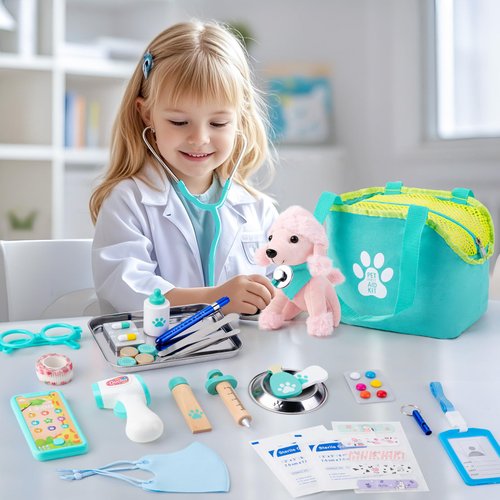 Doctor Kit for Toddlers 3-5 with Dog Toy 37 PCS Veterinarian Playset for Kids Doctors Play Set Pretend Play Doctor Set Vet Kit for Kids Medical Kit with Real Stethoscope Doctor Toys for Girls Age 3+