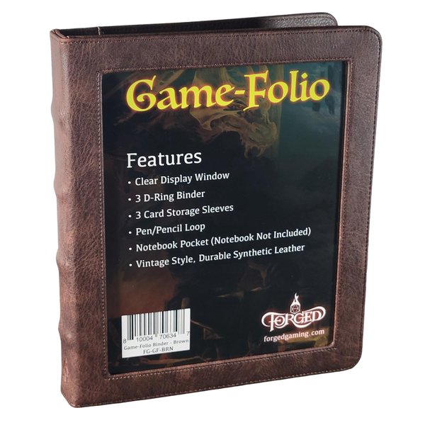 Forged Dice Co. Game-Folio PU Leather Portfolio Binder - Gaming Binder for DND Character Sheets with DND Spell Cards Organizer and Clear Front Pocket - Compatible with Dungeons and Dragons RPG - Brown