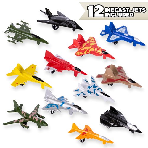 ArtCreativity Diecast Jet Toy Playset, Set of 12, Fighter Jet Toys in Assorted Colors and Designs, Great Birthday Party Favors, Goodie Bag Fillers, Gift Idea for Kids