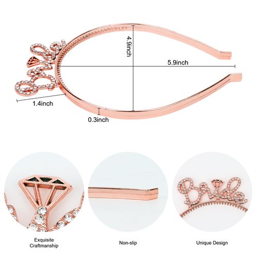 YARIEW Rhinestone Bride Headband Bachelorette Party Decorations Bridal Headband for Wedding Bride Crown Headband Bachelorette Favors Bridal Shower Favors Gift Bridesmaid Favors (Rose Gold)