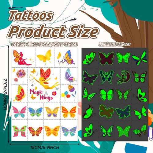 EMOME Glow + Metallic Temporary Tattoos for kids, Waterproof Pre-cut Tattoo Stickers, Birthday Girl Boy Party Favors Supplies Accessories (Butterfly)