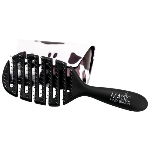 Magic Hair Brush for Curly Hair | Professional Flexible Hairbrush | Vented Design for Detangling | Use as a Wet, Dry, or Styling Brush | For All Hair Types | Storage Fashion Wallet (Black Cow Print)