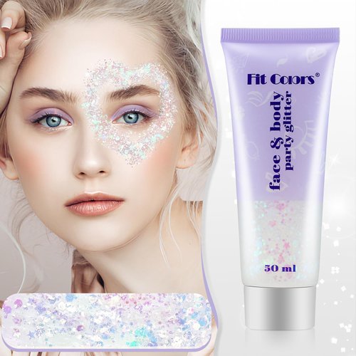 White Body Glitter Festival Body Glitter Holographic Body Glitter Face Glitter for Concert Outfits, Clubwear or Cosplay, Costumes, Sequins Glitter Face Paint, Chunky Glitter, 50ml