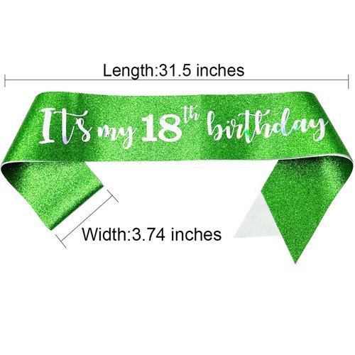NAUXIUDSJS 18th Birthday Sash,Glitter Sash with Multicolor Foil,18th Birthday Gifts Decorations for Girls Happy 18th Birthday Party Favor Supplies,Green
