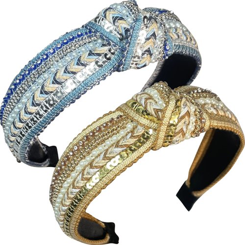 UDeBe Knotted Headbands for Women, Handmade Rhinestones Pearl Beaded Boho Headbands, Top Knot Wide Headbands, Bling Crystal Pearl Sequin Headbands, Vintage 2PCs Champagne+Blue