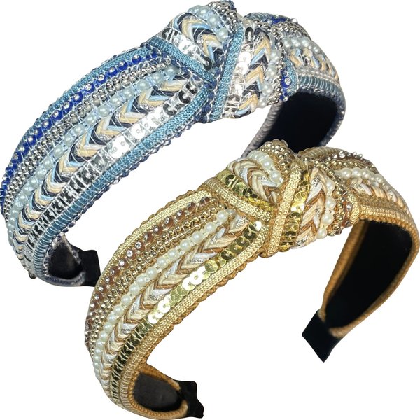 UDeBe Knotted Headbands for Women, Handmade Rhinestones Pearl Beaded Boho Headbands, Top Knot Wide Headbands, Bling Crystal Pearl Sequin Headbands, Vintage 2PCs Champagne+Blue