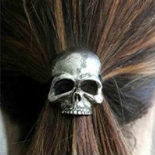 Aneneiceera Gothic Viking Hair Band with Skull Ponytail Holder, Black Rope Scrunchies, Punk Skeleton Hair Accessories Jewelry for Women and Girls (Silver)