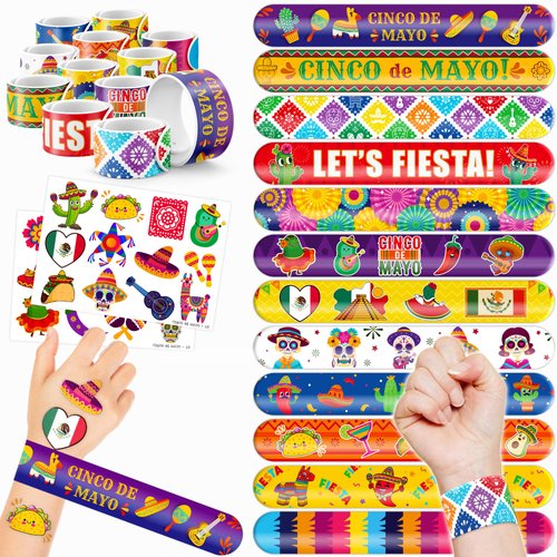 48 Mexican 24PCS Fiesta Temporary Tattoos Sticker 24PCS Slap Bracelets Perfect for Themed Birthda...