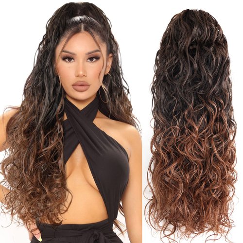 BHF HAIR Ponytail Extension 26 Inch Drawstring Ponytail Clip in Wavy Hair Extensions curly Synthetic ponytail extension for black women(Brown to #30 Blonde 6OZ)