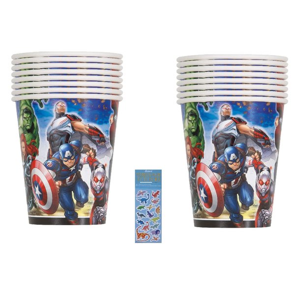 Unique Avengers Birthday Party Supplies Bundle includes 16 Party Paper Cups and 1 Dinosaur Sticker Sheet