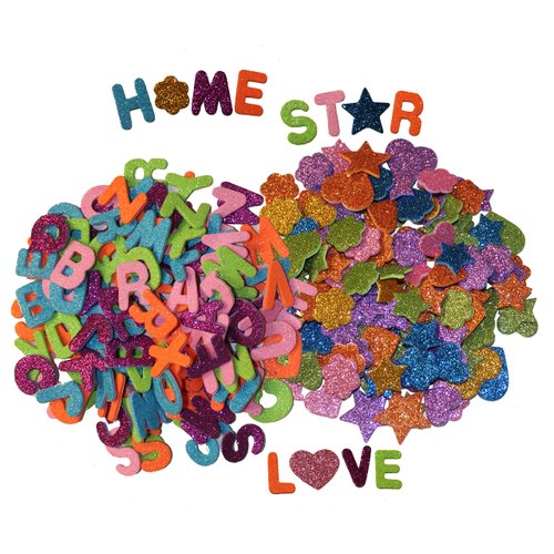 Letters and Shapes Foam Glitter Stickers (Pack of Approx. 280) Self Adhesive - Assorted Colors Kid's Arts Craft for Greeting Cards Home Decoration - Hearts, Stars, Flowers | 130 Letters & 150 Shapes