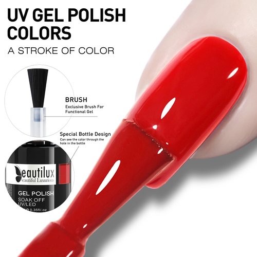 beautilux Red Gel Nail Polish, 1Pcs Bright Red Color Gel Polish High Gloss Soak Off UV Nail Art Gel Manicure Salon at Home for Women (10ML)