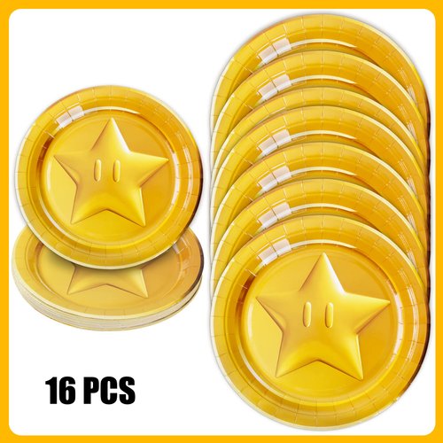 HOMEZZO 16 Coin Shaped Plates Set for Video Game Party Decorations
