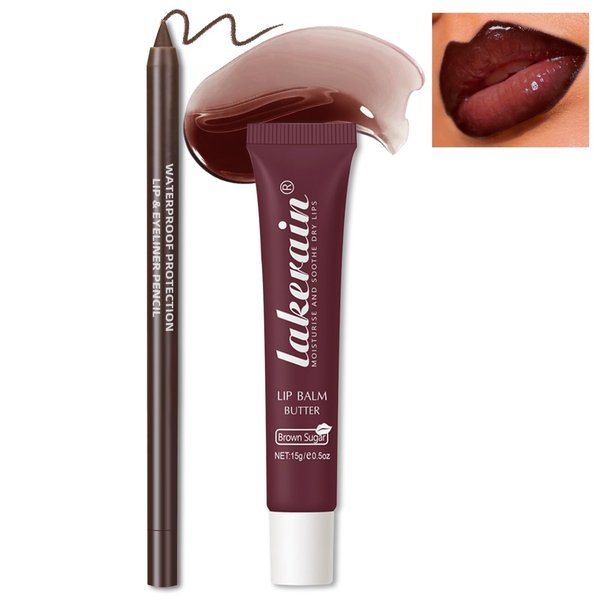 HOSAILY Glowy Lip Butter Balm Moisturizing Conditioning Lip Care Day & Night Repair Brown Sugar Soothe Hydrating High Shine Tinted Lip Gloss Mask for Dry Chapped Cracked Lips Gloss with Lip Liner Set