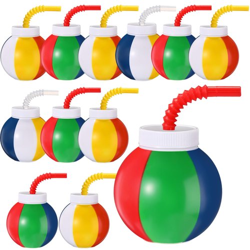 Amyhill 12 Set Beach Theme Party Supplies Beach Ball Favor Cups with Straws and Lids, 10 oz Plastic Swimming Pool Ball Cups Bulk for Kids Beach Birthday Theme Party Summer Pool Ball Party