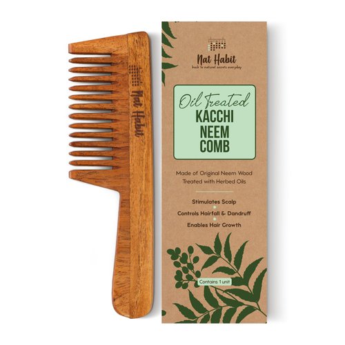 Nat Habit - Back To Natural Secrets Everyday Kacchi Neem Comb, Wooden Comb For Men, Women, Treated With Neem Oil, Bhringraj & 17 Herbs (Wide Tooth) 18-20Cm Length Brown