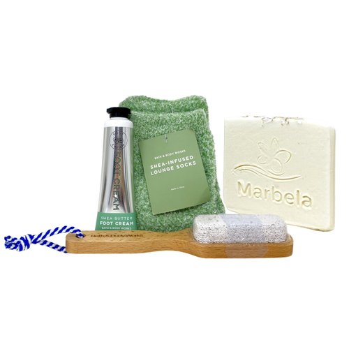 Bath & Body Works 3 Piece Foot Care Gift Set - Foot Cream - Lounge Socks and Pumice Stone Wooden Paddle Brush - with a Natural Oats Sample Soap