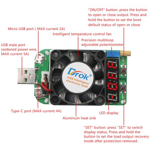 DROK USB Load Tester, Electronic Load Test Resistor Module 25W LD25 USB and Type C Interface Discharge Adjustable Constant Current 0.25A-4A Intelligent Temperature Control with Cooling Fan