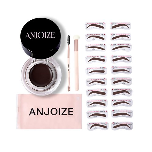 Anjoize Eyebrow Stencil Stamp Kit with Brow Pomade,20PCS Classic Eyebrow Stencils,Eye Brow Stencil Kit with Sponge Applicator and Dual-Ended Brush,Brow Trio Eyebrow Kit (Dark brown)
