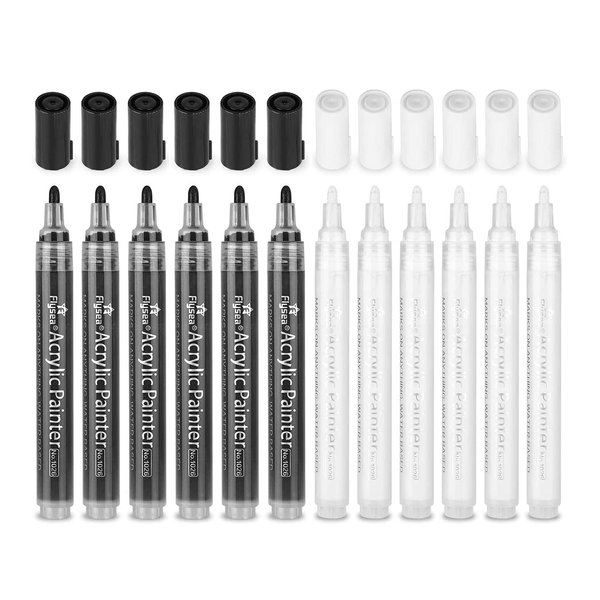 12 Pack Easter Paint Pens, Acrylic Paint Markers for Easter Egg, 2-3mm Acrylic Markers for Rock Painting Stone Ceramic Glass Wood Plastic Glass Metal Canvas, White & Black Water-based