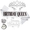 Birthday Decorations for Women Including Birthday Sash & Pin, Crown, Birthday Cake Topper, Birthday Pin Button. Queen Sash and Birthday Tiara for women and Grils MS4U (Silver)