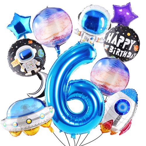 TMCCE 11 PCS Space theme Birthday Party Decoration Astronaut Spaceman Foil Balloons For 6th Outer Space Birthday Party Supplies (Blue-6th)