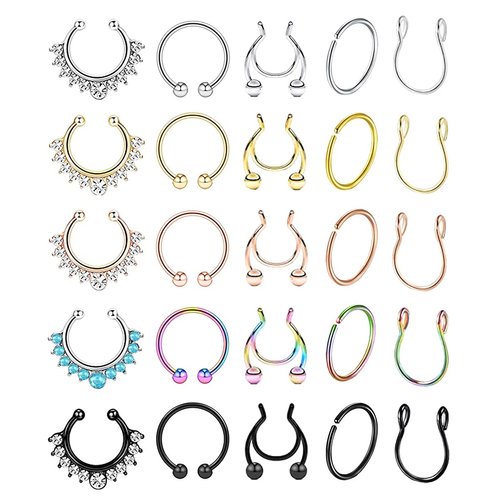 YOVORO 25Pcs Stainless Steel Fake Nose Ring Hoop for Men Women Faux Lip Ear Septum Ring Non-Pierced Body Jewelry XK