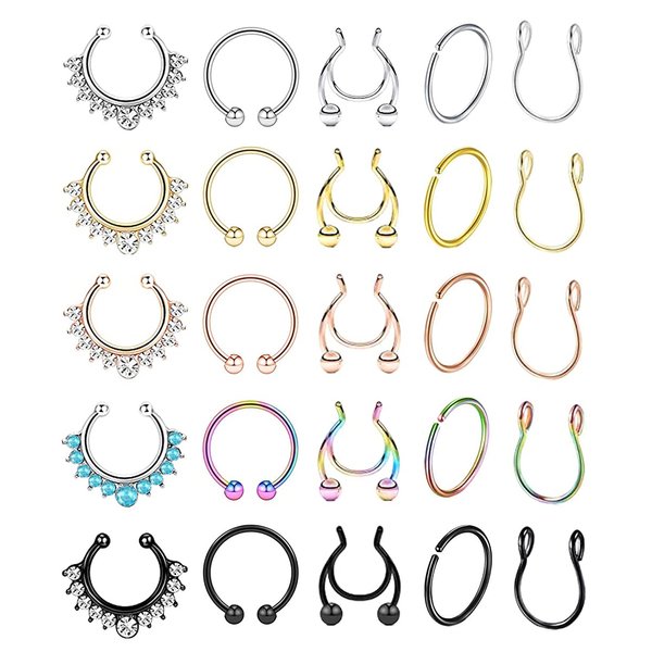 YOVORO 25Pcs Stainless Steel Fake Nose Ring Hoop for Men Women Faux Lip Ear Septum Ring Non-Pierced Body Jewelry XK