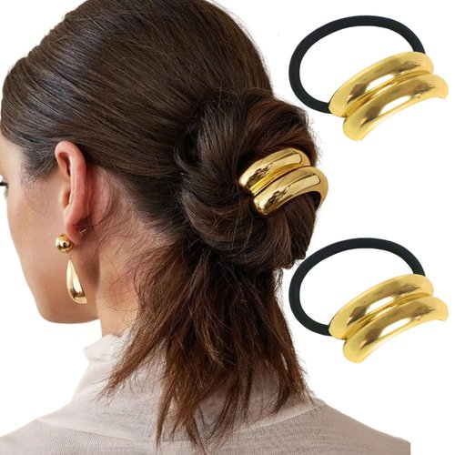 Metal Hair Tie, Gold Geometric Elastic Hair Band Fashion Glossy Double Ellipse Arch Ponytail Hair Cuff Wrap Hair Ties for Women Hair Accessories(2pcs)