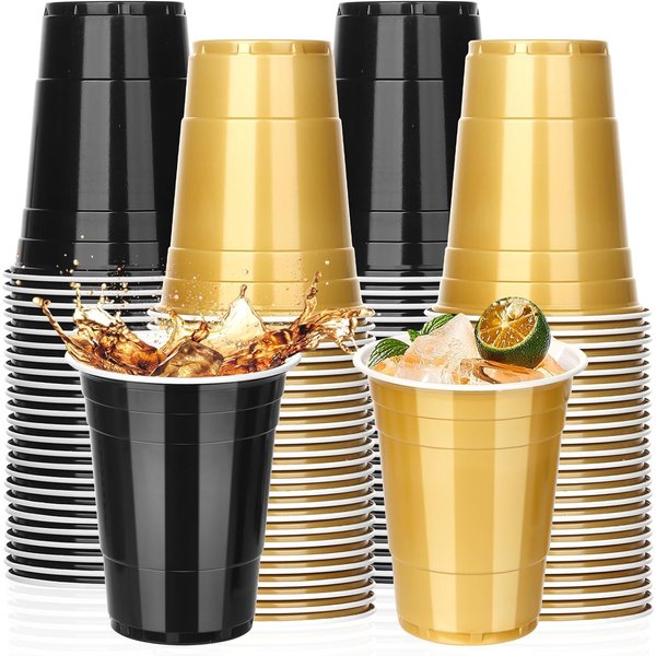KesaPlan 100PCS 16 oz Plastic Cups Graduation Cups Black and Gold Cups Disposable Party Cups Bulk for Party Graduation Wedding Birthday Family Gatherings and Festive Celebrations