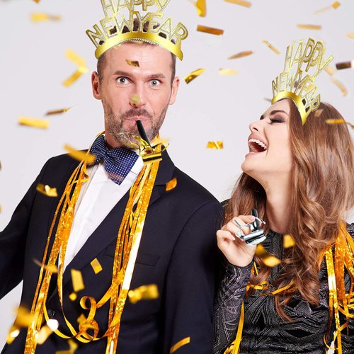 New Years Eve Party Supplies 2025-24 Pieces Gold Sliver Happy New Year Headband Metallic Fringed Noise Makers for Kids Adults New Years Party Supplies