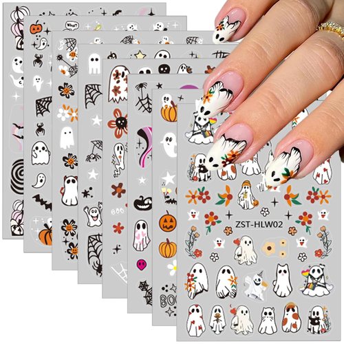 Halloween Nail Art Stickers Decals Halloween Flower Ghost Nail Stickers 8PCS Ghost Pumpkin Bat Skull Design 3D Self-Adhesive Spooky Fun Halloween Nail Decals Nail Art Supplies for Nail Art Decorations