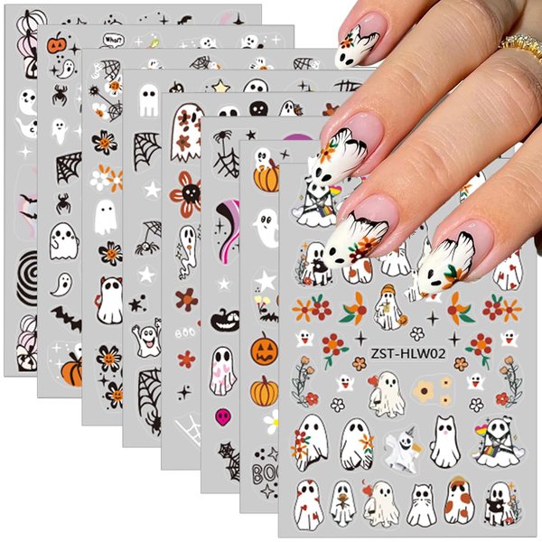 Halloween Nail Art Stickers Decals Halloween Flower Ghost Nail Stickers 8PCS Ghost Pumpkin Bat Skull Design 3D Self-Adhesive Spooky Fun Halloween Nail Decals Nail Art Supplies for Nail Art Decorations