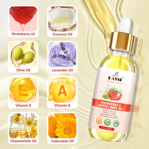 BASSI 2PCS Organic Coconut Oil Strawberry Moisturizing Body Oil with Vitamin E, Bath Oil for Dry Skin Hydrating, Body Oil, Relaxing Massage Oil, Hair Oil, Carrier Oil for Essential Oils, 2 fl oz/pc