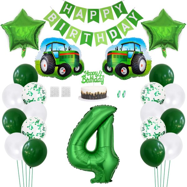 Daimay 23PCS Farm Green Tractor Birthday Decorations Tractor Party Supplies 4th Happy Birthday Banner Farm Barn Tractor Balloon Green Number Foil Balloon Cake Toppers for Girls Boys Kids Baby Shower