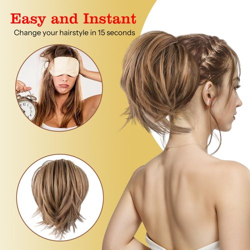 CROWN GUIDE Ponytail Extension 12 Inch Straight Ponytail for Women Human Hair Short Synthetic Pony Tails Brown Hair Extensions Ponytail Claw Clip in Hair Piece Updo Wigs