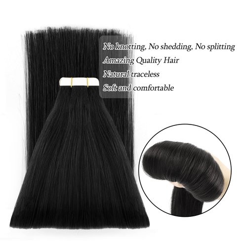ABH AmazingBeauty Tape in Hair Extensions Semi-Permanent Pre-taped Tape Extensions Real Remy Human Hair Skin Weft, Invisible, Seamless and Reusable, 50g 20pcs, Jet Black Color 1, 18 Inch