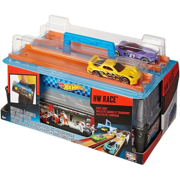 Hot Wheels Toy Cars & Track Set, Race Case Playset with 2 Vehicles in 1:64 Scale, Dual Launcher for Side-By-Side Racing & Portable Storage Container