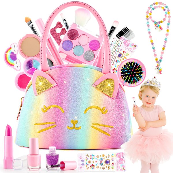 Kids Makeup Kit for Girl, Kids Washable Makeup Girls Toys, Girls Makeup Kit for Kids with Cute Cat Bag, Real Make up Set for Kid Little Girls Toddlers Princess Christmas Birthday Gifts Age 3-6-8-10-12