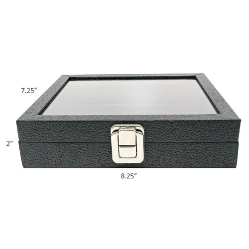 Novel Box Half-Size Glass Top Black Leatherette Metal Clasp Jewelry Display Case 8.25X7.25X2 + Custom NB Cleaning Cloth