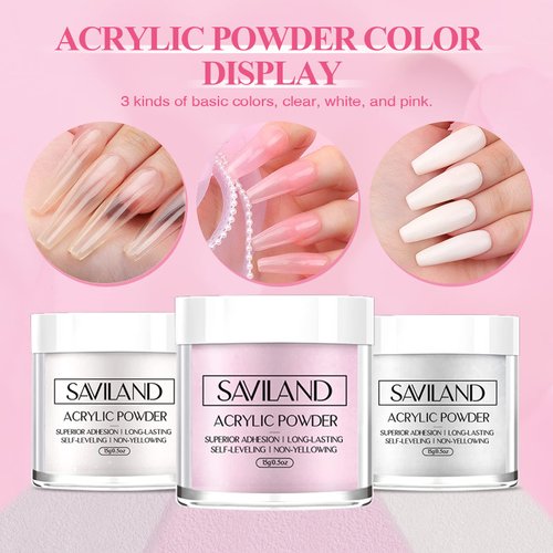 Saviland Acrylic Nail Kit: 0.5Oz Clear/White/Pink Acrylic Powder and Liquid Set with Nail Brush Nails Kit Professional Acrylic Powder Nail Kits for Beginners Nail Extension Home DIY & Nail Salon