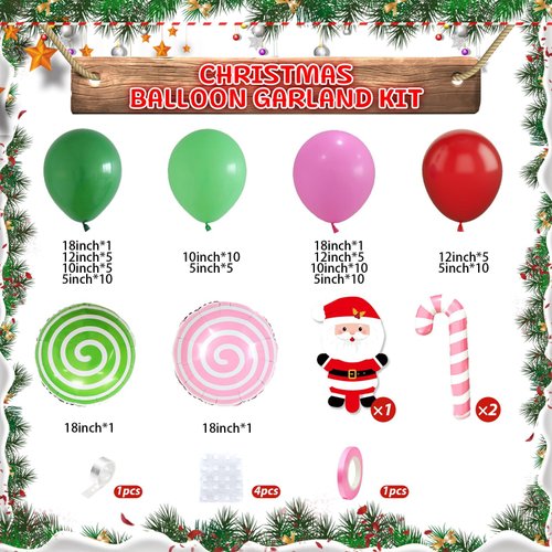 Christmas Balloon Garland Arch Kit,Red Green Pink Balloons with Santa Claus Crutch Lollipop Candy Balloons for Christmas Party Decorations Xmas Eve New Year Holiday Party Supplies