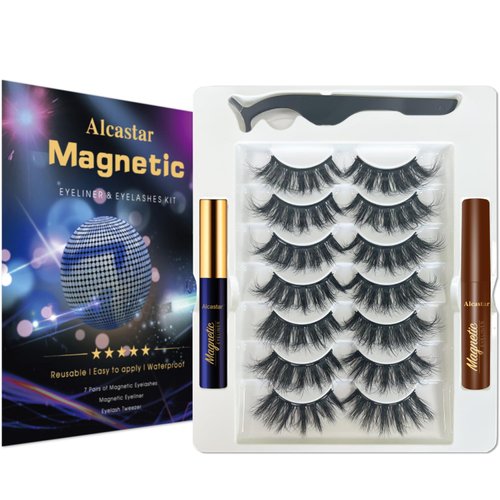 Alcastar Magnetic Eyelashes and Eyeliner Kit,Magnetic Lashes Natural Looking with Eyeliner,Magnetic Eyelash With Applicator,Waterproof, Long Lasting,Cruelty Free.（1 black+1brown)