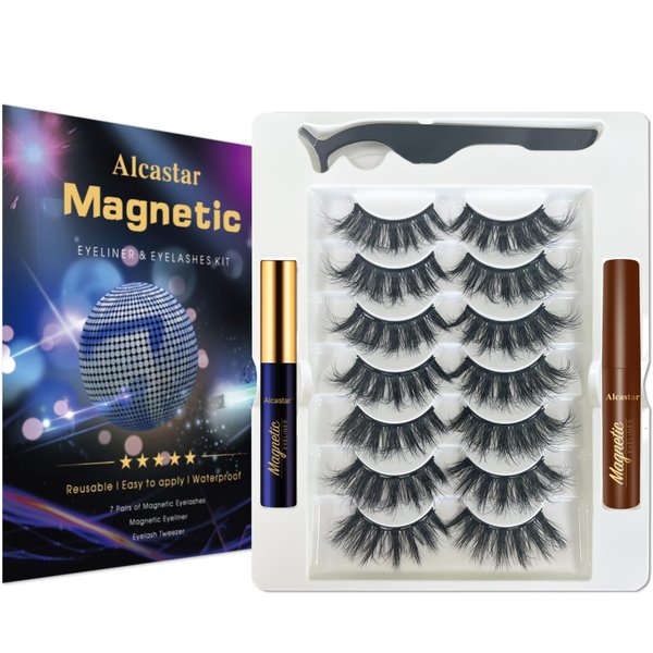 Alcastar Magnetic Eyelashes and Eyeliner Kit,Magnetic Lashes Natural Looking with Eyeliner,Magnetic Eyelash With Applicator,Waterproof, Long Lasting,Cruelty Free.（1 black+1brown)