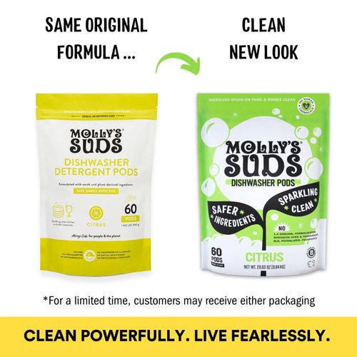 Molly's Suds Dishwasher Pods | Clean Dishwasher Detergent, Cuts Grease & Rinses Clean (Residue-Free) for Sparkling Dishes | 60 Auto-Release Tabs (Citrus)
