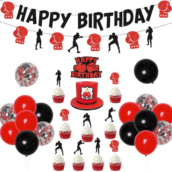 Boxing Birthday Party Decorations Wrestling Birthday Party Supplies Fight Sports Theme Birthday Supplies Boxing Birthday Banner Garland Wrestling Cake Topper Champion Balloons