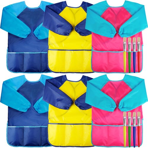 PLMMOUT 6 Pack Kids Art Smocks,Toddler Art Smock,Kids Painting Apron Long Sleeve with 3 Pockets,Waterproof Toddler Painting Smock,Toddler Smocks for Painting (3 Colors,Included 8 Paint Brushes)