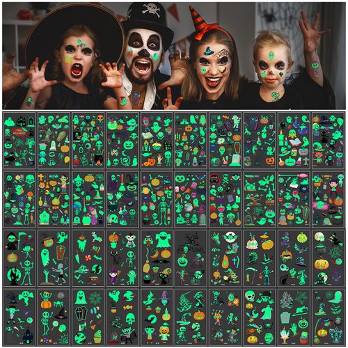 Leelosp 516 Pieces Assorted Halloween Temporary Tattoos for Kid, Glow in the Dark Tattoos, Hallow...
