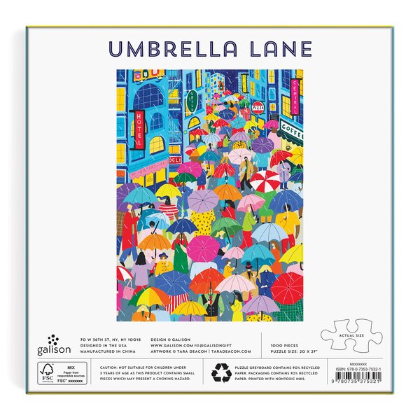 Galison Umbrella Lane 1000 Piece Puzzle in Square Box from Galison - Bright and Bold 27" x 20" Illustrated Puzzle, Thick and Sturdy Pieces, Fun and Challenging Activity for Adults, Unique Gift Idea!