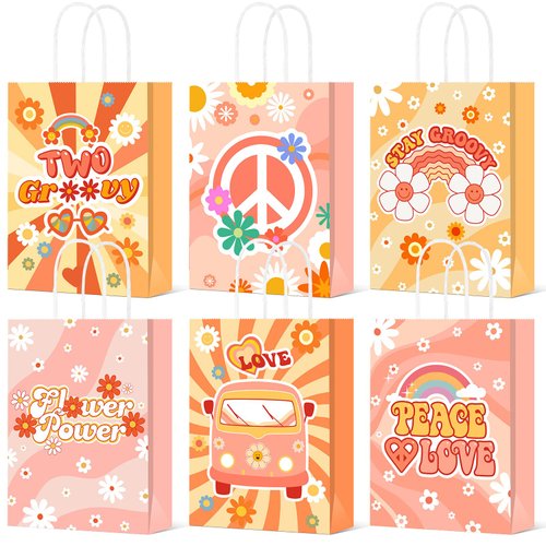 Glenmal 24 Pcs Groovy Party Favor Bags Two Groovy Retro Hippie Goodie Bags Stay Groovy Paper Gift Bags Daisy Flower Treat Bag with Handles for Girls 60's 70's Birthday Baby Shower Party Supplies